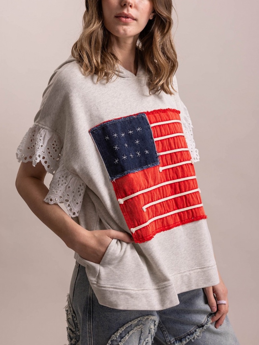 ❤️ BLUE VELVET “USA“ BLUE VELVET SHORT RUFFLE SLEEVE AMERICAN FLAG HOODIE TOP 27 - Picture 6 of 8